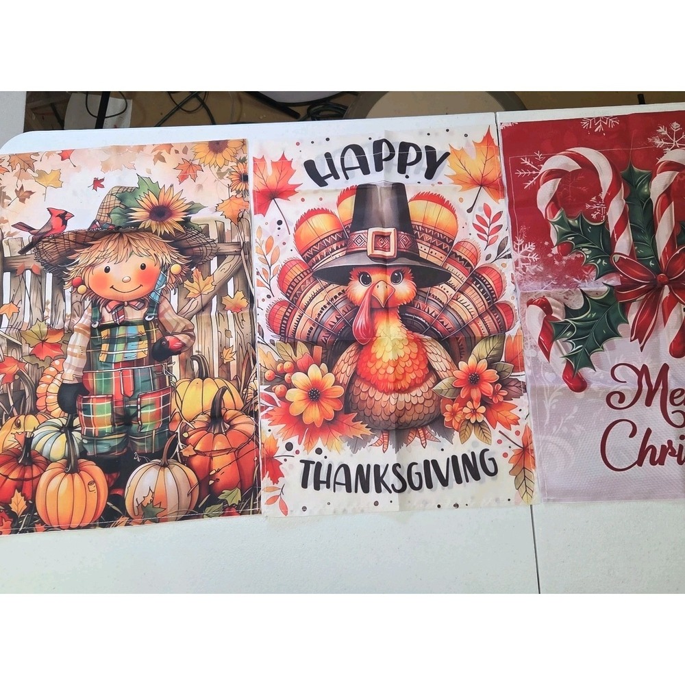 Set of 3 Garden Flags Fall Scarecrow Thanksgiving Turkey Christmas Candy Cane